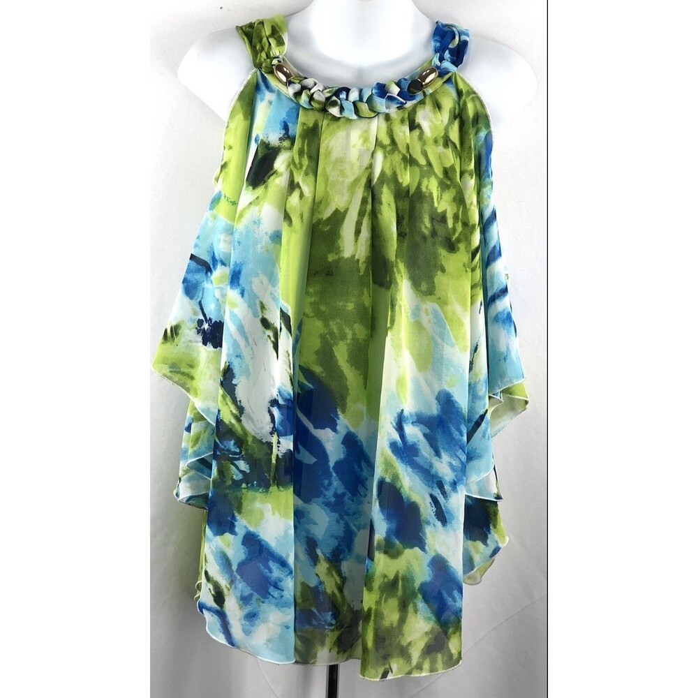 Cato Flowy Cold Shoulder Top S Green Abstract Chiffon Split Dolman beaded Beach